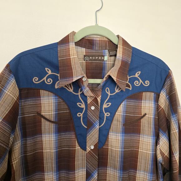 Roper Embroidered Plaid Western Shirt Mens XL Pearl Snap Rodeo Blue Brown Lurex - Picture 2 of 10